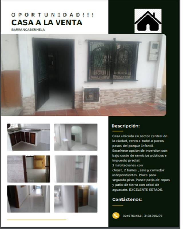 PARA LA VENTA $170.000.000 NEGOCIABLES. Acogedora casa ubicada en sector céntrico de Barrancabermeja