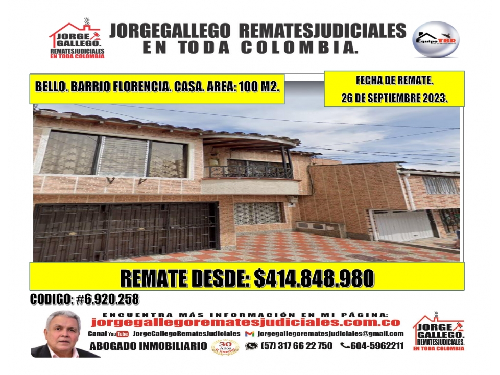 Remate. Bello. Barrio Florencia.Casa. Area 100M2.