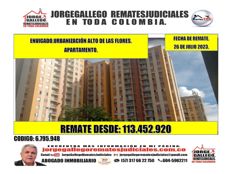 Remate.Envigado Urbanización Alto de las Flores. Apartamento