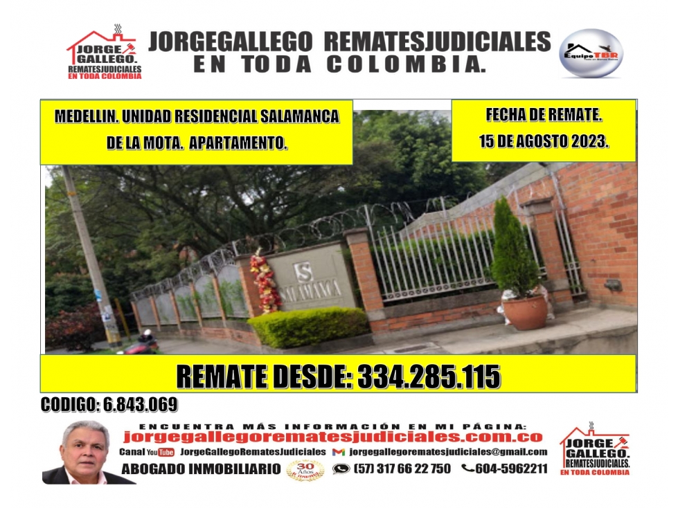 Remate. Medellin Unidad Salamanca de la Mota. Apartamento.