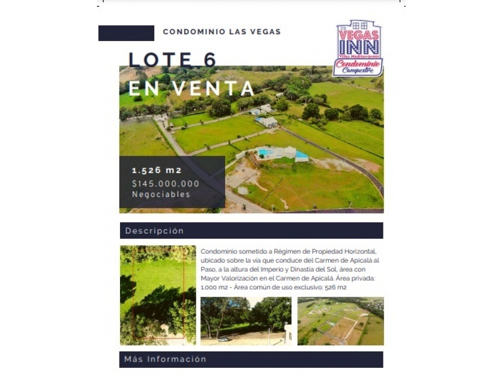 SE VENDE ESPECTACULAR LOTE EN CONDOMINIO EN EL CARMEN DE APICALA