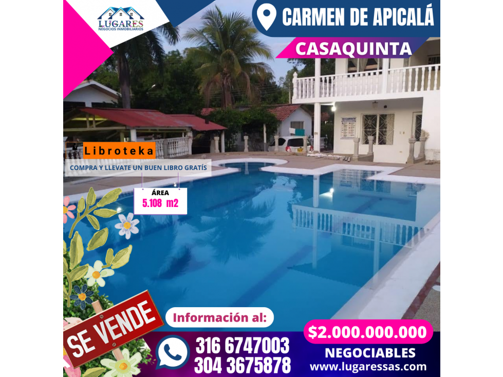 CASAQUINTA EN VENTA CON 5.108 M2 EN CARMEN DE APICALÁ TOLIMA (RURAL)