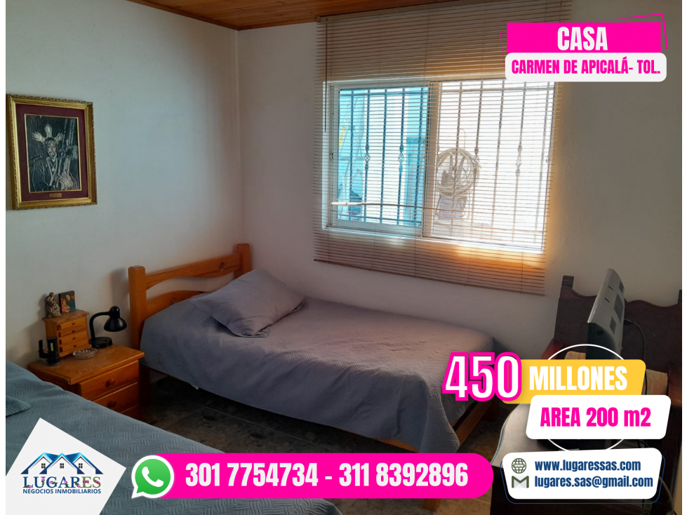 VENTA DE CASA EN CARMEN DE APICALÁ TOLIMA